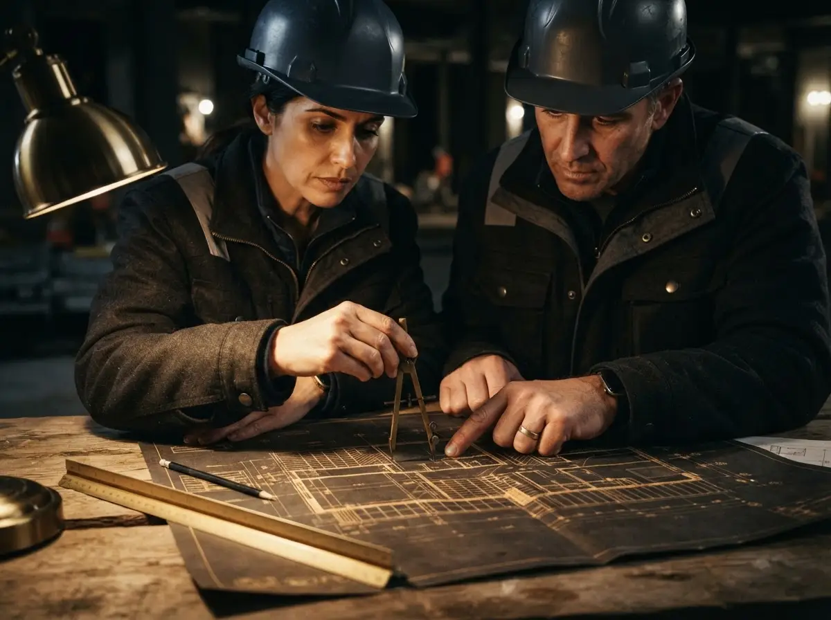 Engineers reviewing blueprints